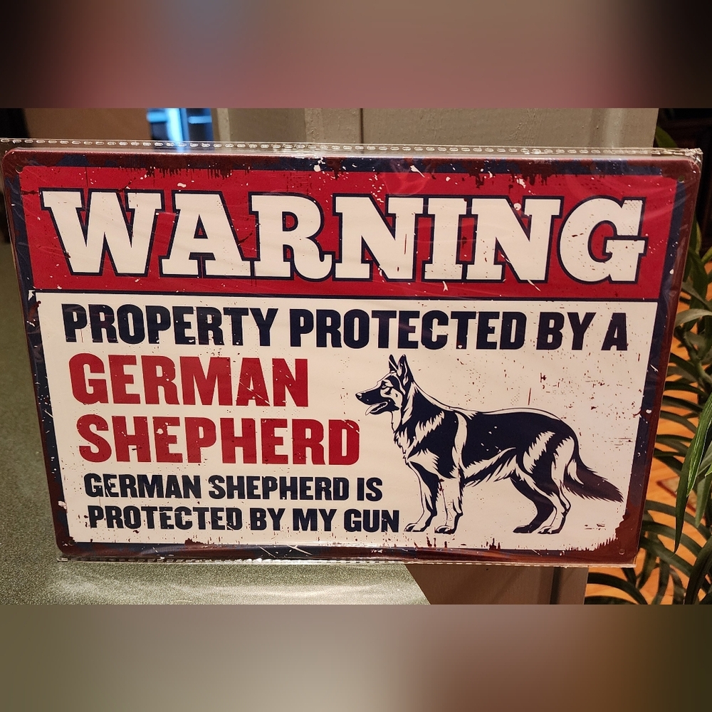 Retro Metal Warning Sign with German Shepherd Design